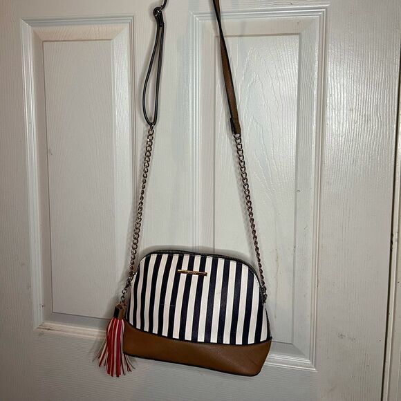 Aldo navy blue,white and brow crossbody bag embellished with a red tasse… - Picture 1 of 12